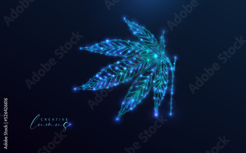 Starry cannabis leaf in deep space. Marjuana plant in neon blue with bright dots and globes of light. 