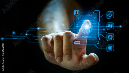 Future Digital Registration Processing Diagram of Biometric Identification Fingerprint Scanner The concept of surveillance and scanning of digital program security. Applications of the future in cyber