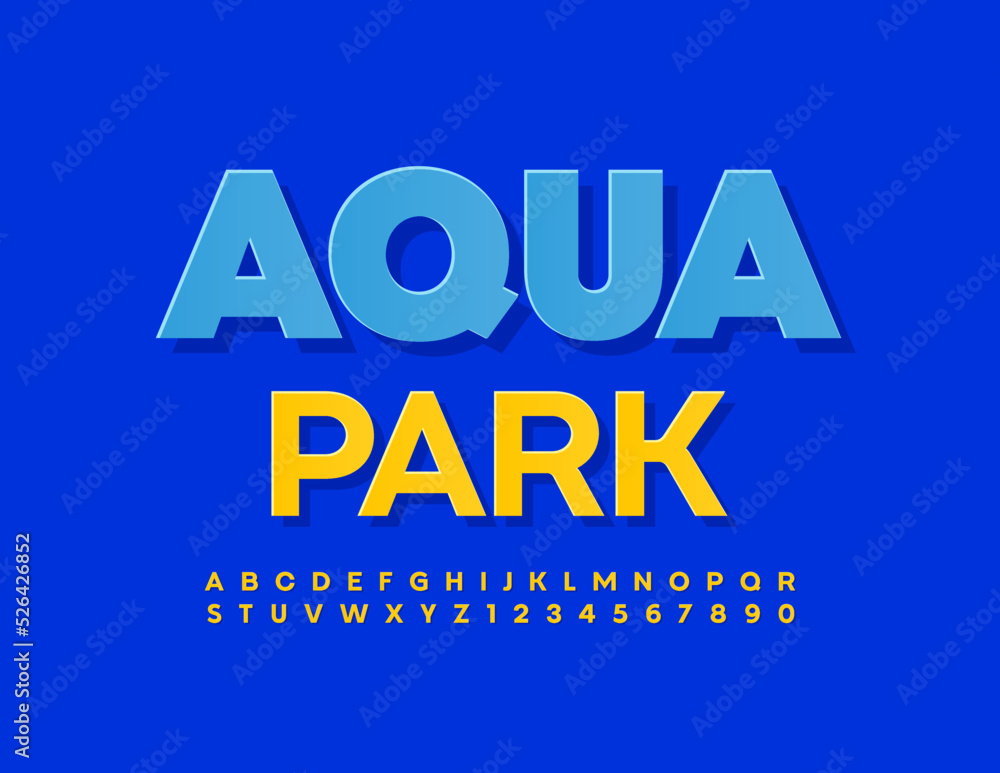 Vector bright poster Aqua Park. Yellow sticker Font. Creative Alphabet Letters, Numbers and Numbers set.