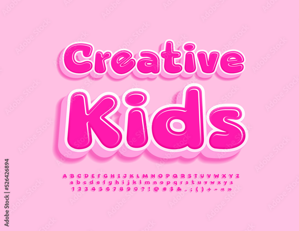 Vector funny emblem Creative Kids. Pink comic Font. Sweet Alphabet Letters, Numbers and Symbols set