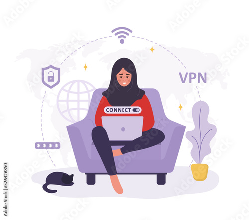 VPN service. Arabian woman using virtual private network. Personal information and data safety. Password security. Protection IP addresses and cyberspace. Vector illustration in flat cartoon style.