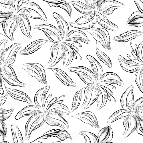 Vector lilly seamless pattern. Black and white with line art on white backgrounds.