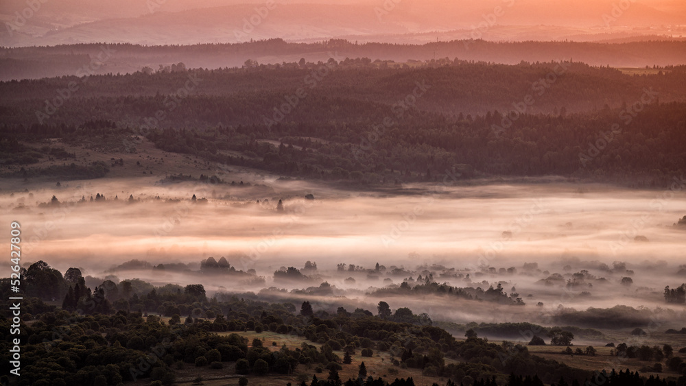 Fototapeta premium Sunrise in the San River valley on the border between Poland and Ukraine. Bieszczady Mountains, Carpathians.