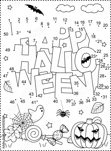 "Happy Halloween!" greeting dot-to-dot picture puzzle and coloring page, poster, sign or banner black and white activity sheet 
