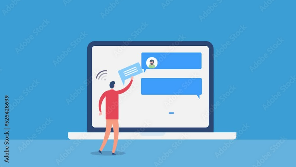 Animation of text chat messages on laptop screen, group discussion and man exchanging information connected through WIFI network communication.