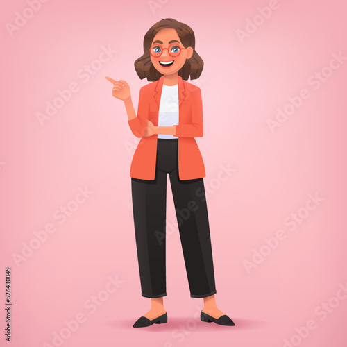 Businesswoman points her finger at something important or gives advice. Surprised facial expression. Vector illustration