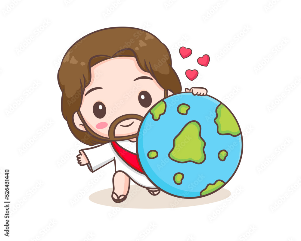 Jesus Christ loves world cartoon character. Cute mascot illustration. Isolated white background. Biblical story Religion and faith.