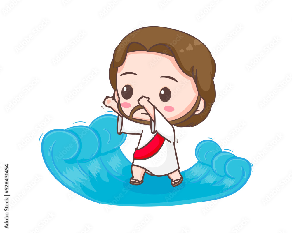 Jesus Christ walking on the water cartoon character. Cute mascot illustration. Isolated white background. Biblical story Religion and faith.