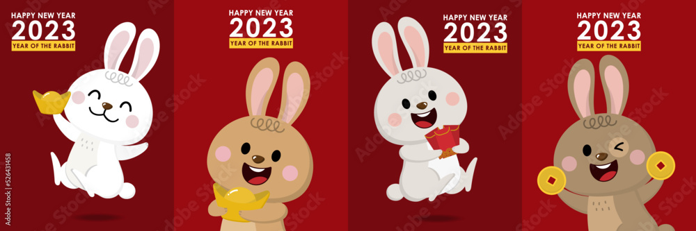 Happy Chinese new year greeting card 2023 with cute rabbit with oranges, money and gold. Animal holidays cartoon character set. Happy Chinese new year greeting card 2023 with cute rabbit with oranges, money and gold. Animal holidays cartoon character set.