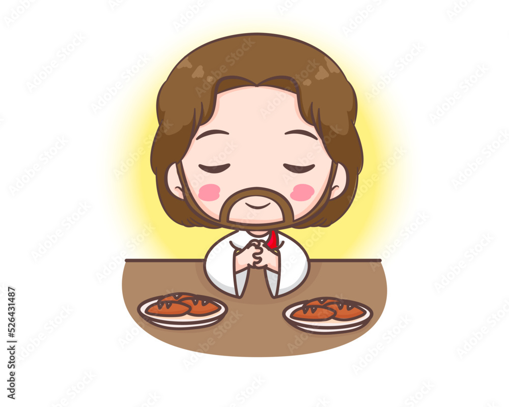 Jesus Christ prays to eat cartoon character. Jesus bless the bread Cute mascot illustration. Isolated white background. Biblical story Religion and faith. Jesus Christ prays to eat cartoon character. Jesus bless the bread Cute mascot illustration. Isolated white background. Biblical story Religion and faith.