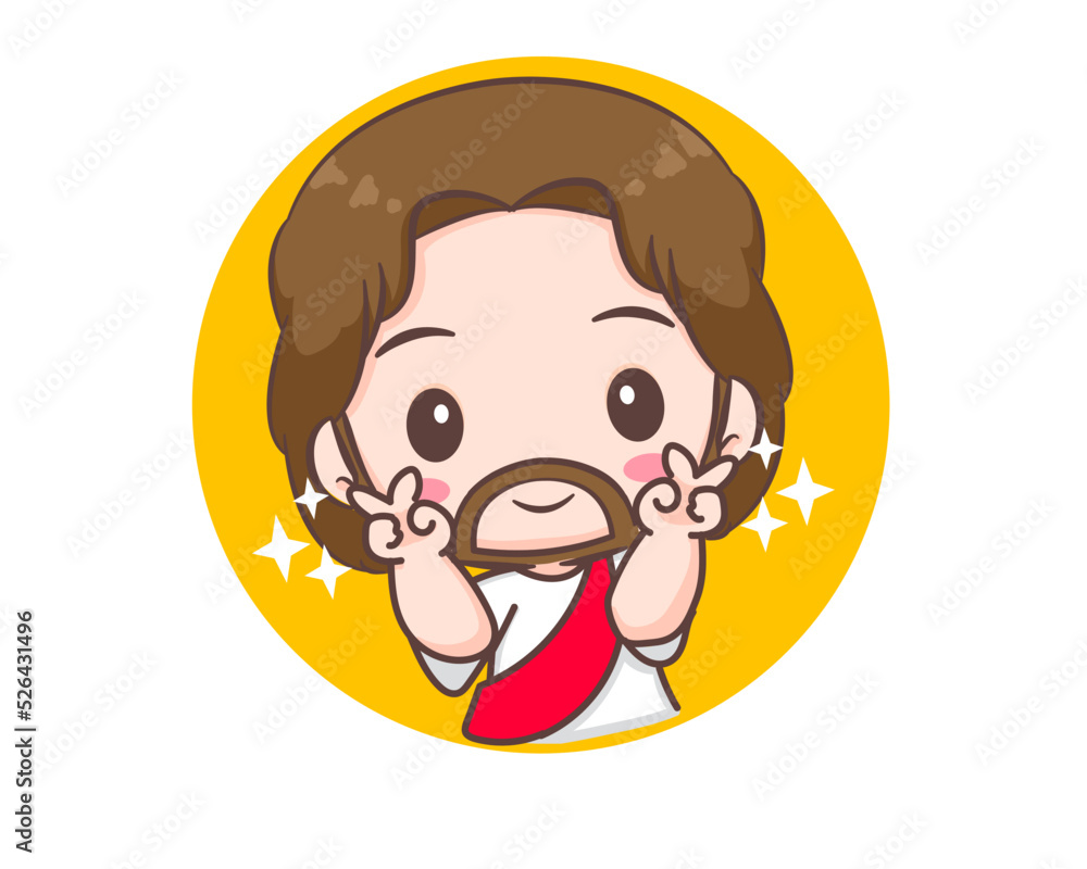Jesus Christ peace hand sign cartoon character. Cute mascot illustration. Isolated white background. Biblical story Religion and faith. Jesus Christ peace hand sign cartoon character. Cute mascot illustration. Isolated white background. Biblical story Religion and faith.