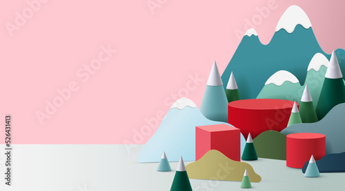 Podium for show product display.winter Christmas  decorative on red background with tree xmas. 3D vector