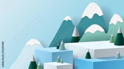 Podium for show product display.winter Christmas  decorative on blue background with tree xmas. 3D vector