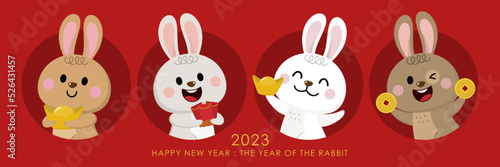 Happy Chinese new year greeting card 2023 with cute rabbit with oranges, money and gold. Animal holidays cartoon character set. 