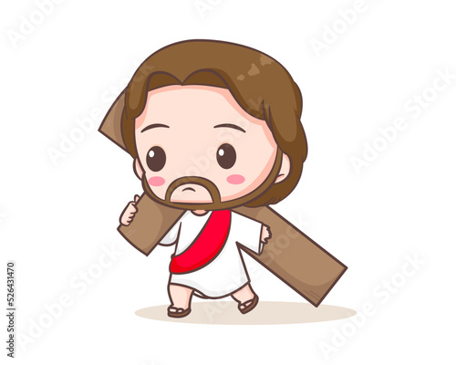 Jesus Christ carrying cross cartoon character. Cute mascot illustration. Isolated white background. Biblical story Religion and faith.