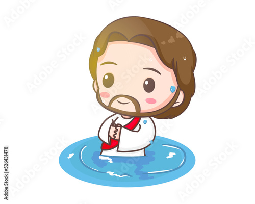 Jesus Christ baptized cartoon character. Cute mascot illustration. Isolated white background. Biblical story Religion and faith.