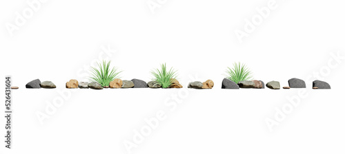 Beautiful 3D green grass and rock  isolated on white background, for use visualization in architectural design or garden decorate