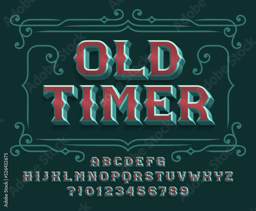 Old Timer alphabet font. Vintage 3d letters, numbers and symbols for label, badge or emblem design. Stock vector typescript for your typography design.