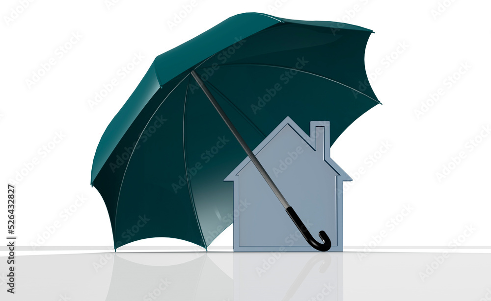 Blue housing under umbrella on white background