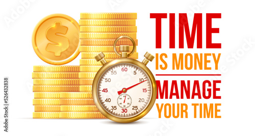 Time management or time is money concept banner with golden stopwatch clock, stack of golden coins and place for text. Vector illustration