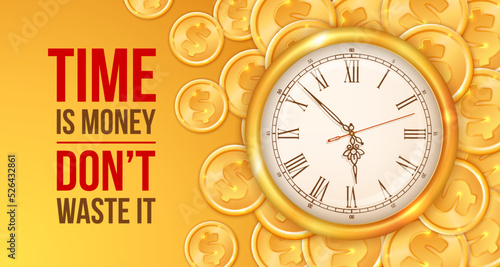 Time management or time is money concept banner with golden watch, bunch of golden coins and place for text. Vector illustration