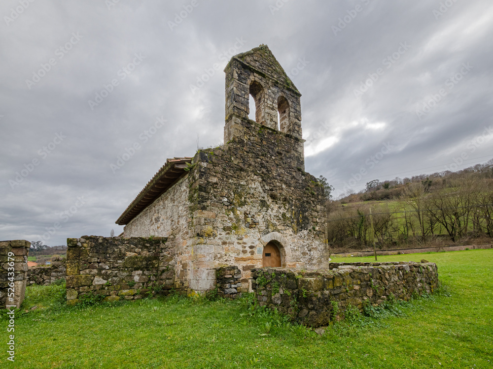 The ancient little church 'Iglesia de San Juan de Cilierco' in the foothills of the Cordillera Cantábrica (Cantabrian Mountains)