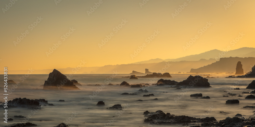 Panorama of Playa de Campiechos (Campiechos beach) at sunrise, Asturias Spain