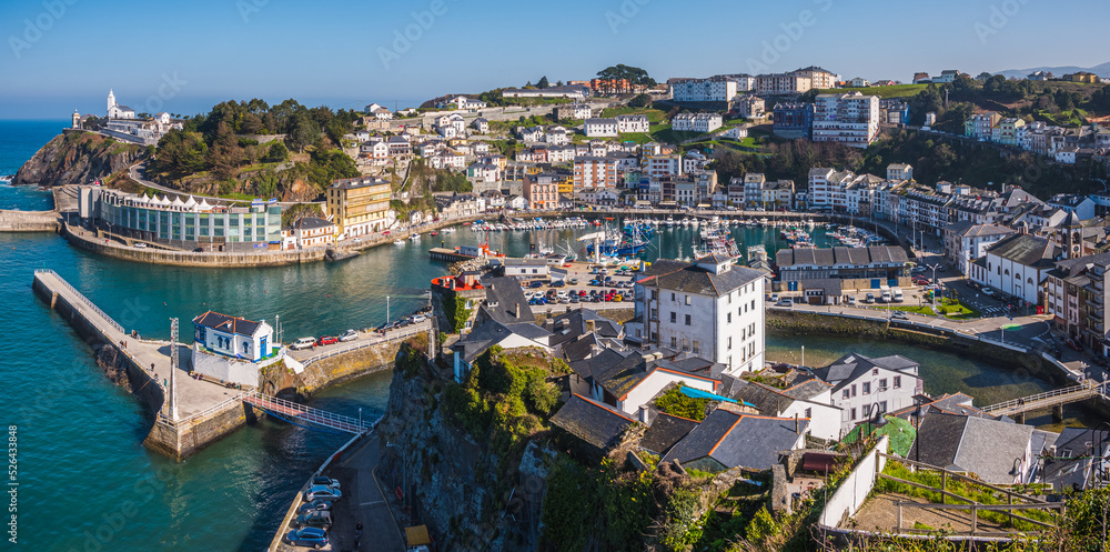 Panorama of the village of Luarca with the small boat harbor and boulevard, Asturias Spain