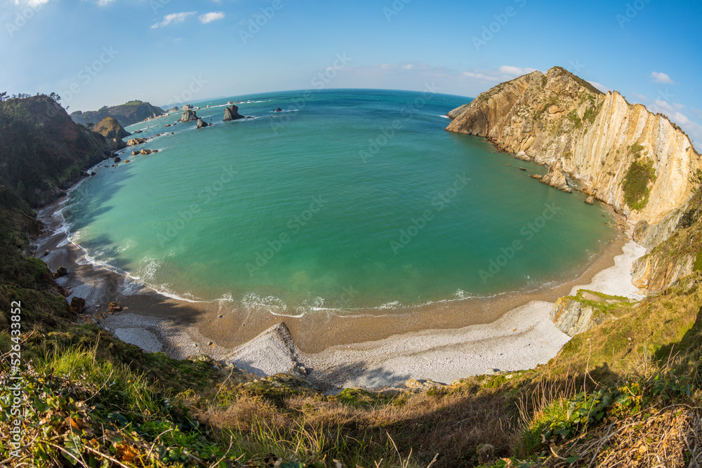 Fisheye view on Playa del Silencio, one of the many rocky beaches at the Atlantic coastline of Asturias, northern Spain