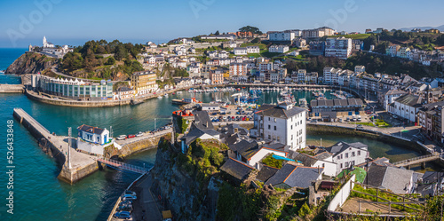 Panorama of the village of Luarca with the small boat harbor and boulevard, Asturias Spain