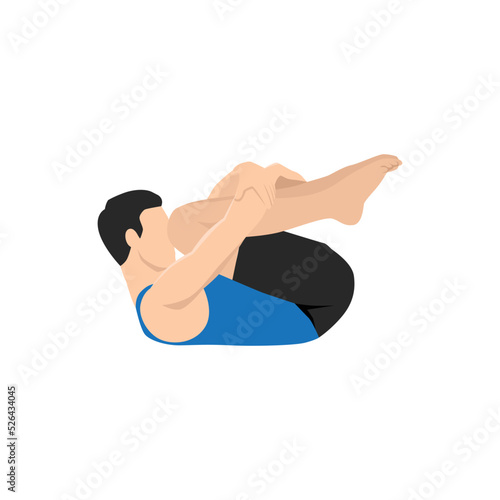 Man doing Wind Release Pose Nose To Knee. Pawanmuktasana Nose To Knee. Flat vector illustration isolated on white background