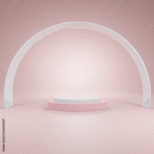 3D render pastel pink rounded podium with top white and the half arch