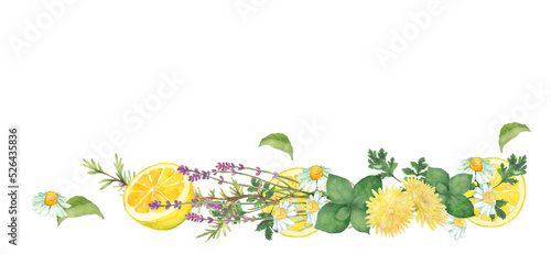 水彩で描いたハーブとレモンのブーケデコレーション