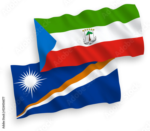 National vector fabric wave flags of Republic of the Marshall Islands and Republic of Equatorial Guinea isolated on white background. 1 to 2 proportion.