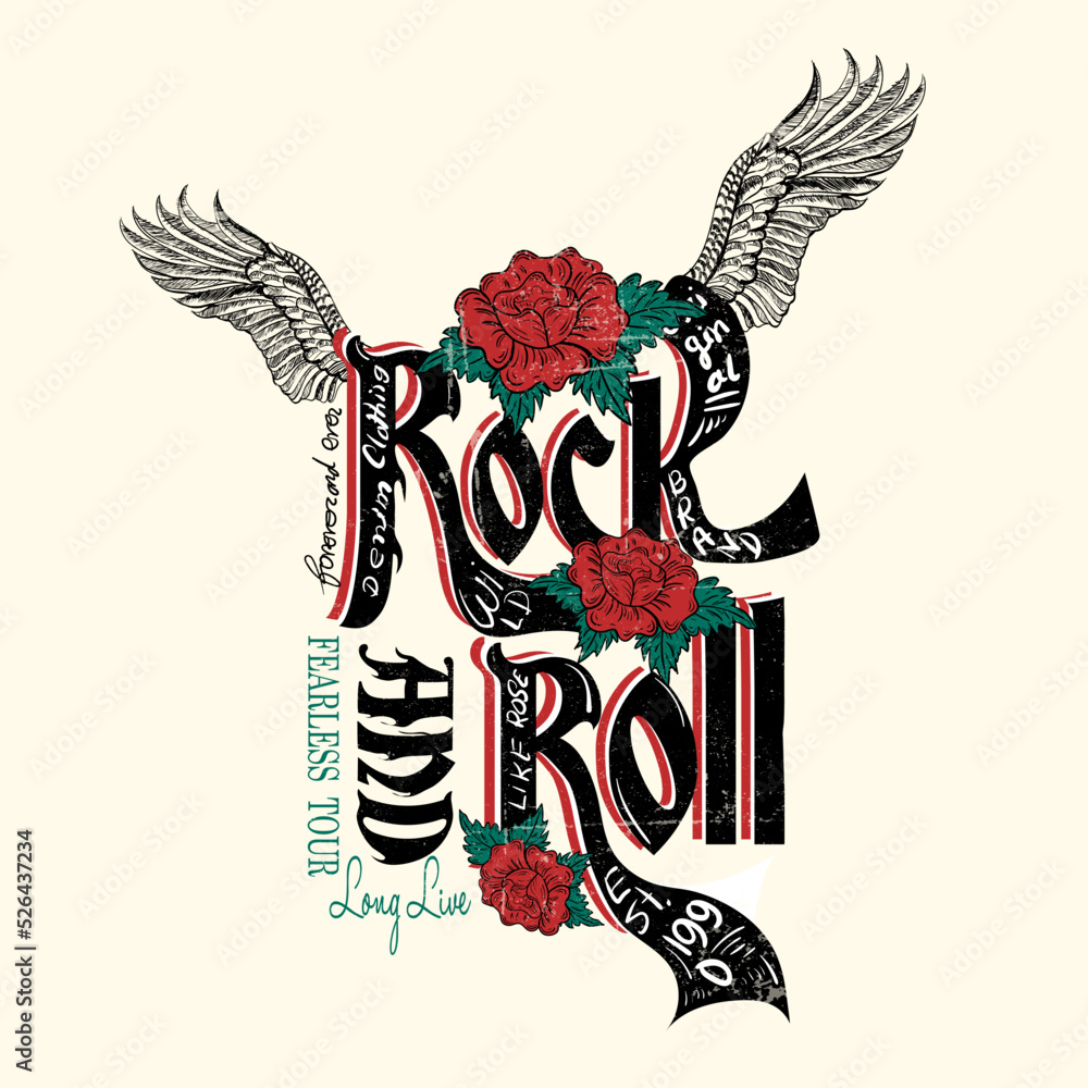 Rock and roll with Rose and wings, Rock and roll print in black color ...