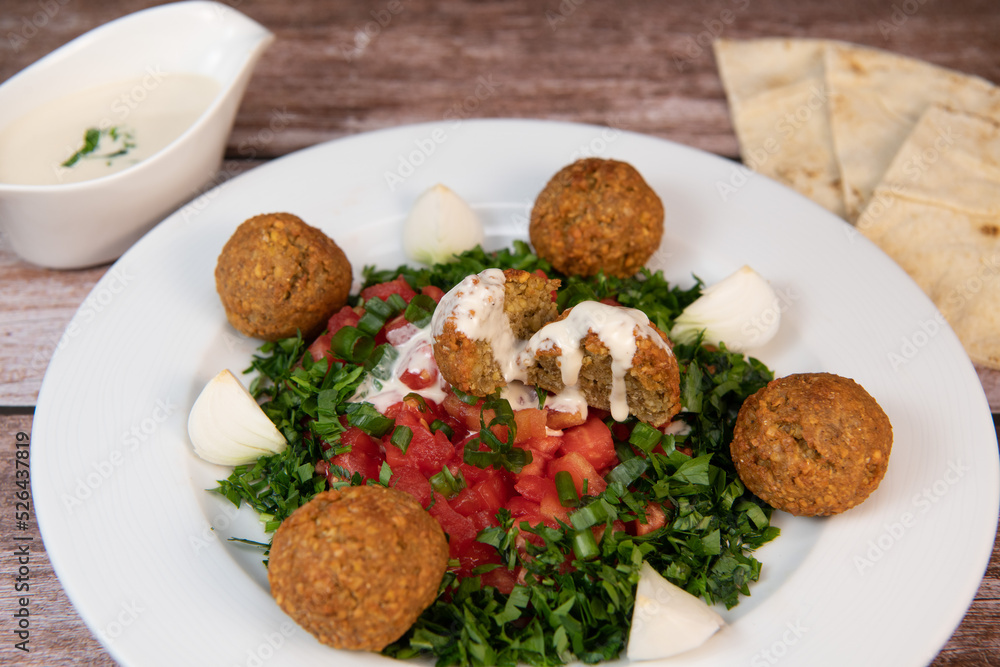 Vegetarian dish, falafel balls from spiced chickpeas with chopped parsley, fresh onions and tomato, tahini sauce, High quality photo Vegetarian dish, falafel balls from spiced chickpeas with chopped parsley, fresh onions and tomato, tahini sauce, High quality photo