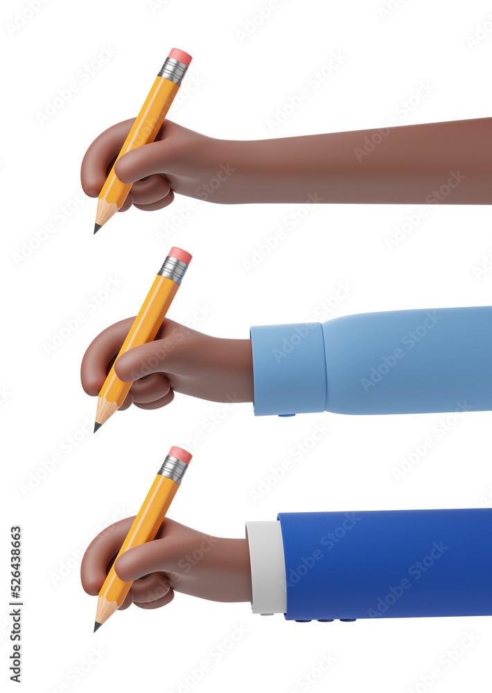 Side view at cartoon black african american character hand first draw write with yellow pencil isolated over white background. Side view at cartoon black african american character hand first draw write with yellow pencil isolated over white background.