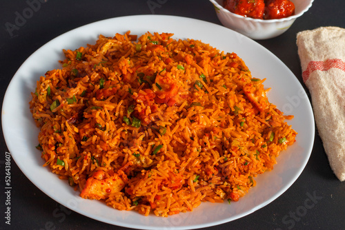 delicious Chinese food Schezwan non-veg fried rice. photo