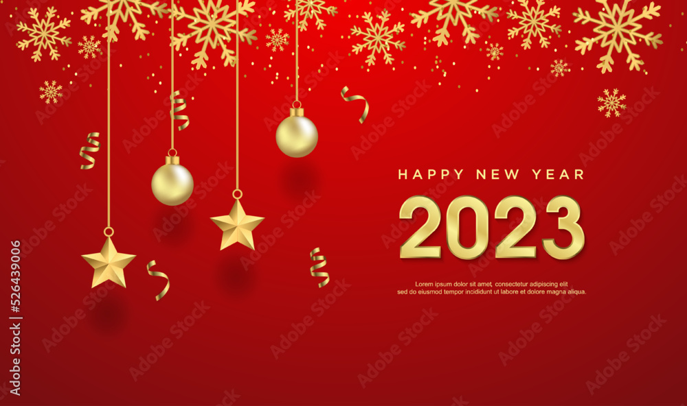 Happy new year 2023 with ball and star decoration background