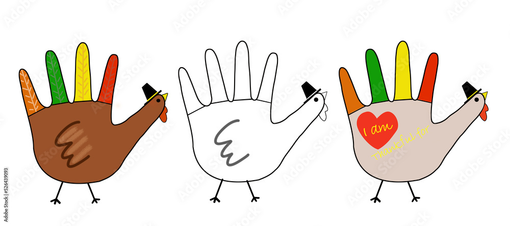 Fototapeta premium Set of thanksgiving day hands turkeys for print drawing. Design with theme message