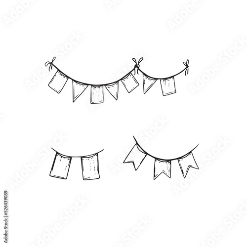 Doodle party bunting flags set for decoration. Black line sketch garlands.