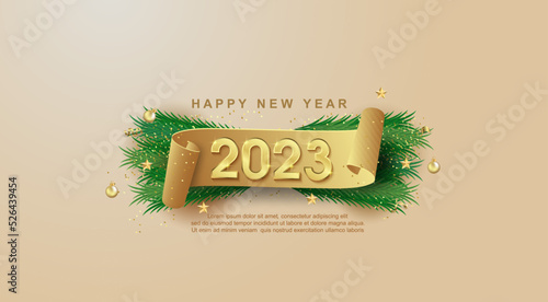 Happy New Year 2023 on ribbons and confetti background.