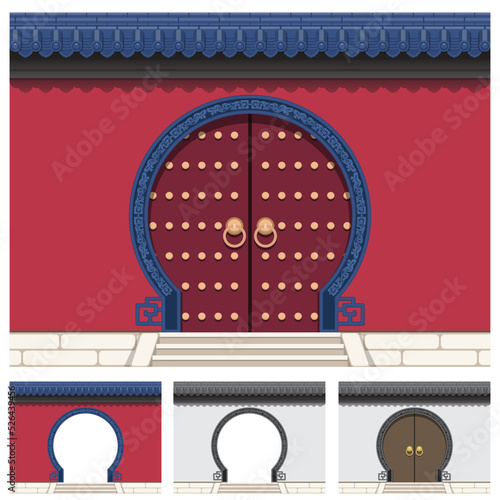 Layered editable vector illustration of a gate on the wall with ancient Chinese traditional style. photo