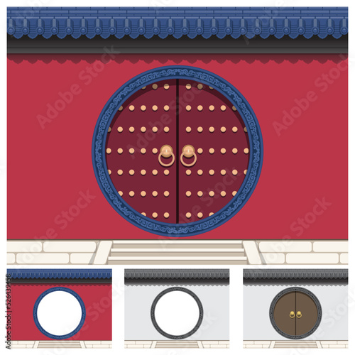 Layered editable vector illustration of a gate on the wall with ancient Chinese traditional style.