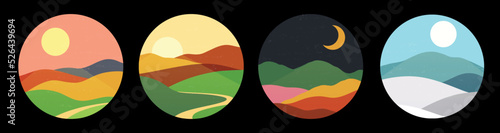Nature and landscapes in retro style, mountains and hills, sunset and sunrise.