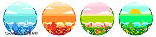 Seasonal landscapes four seasons Summer, autumn, winter, spring. Nature and landscape with plants, flowers, river and fields, clouds and sun.