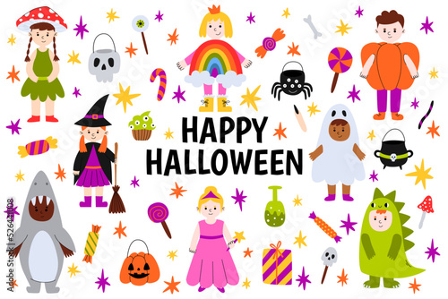 Happy Halloween. Set of cute cartoon children in colorful halloween costumes: ghost, witch, dinosaur, pumpkin, princess, mushroom, shark and rainbow. Trick or treat elements.