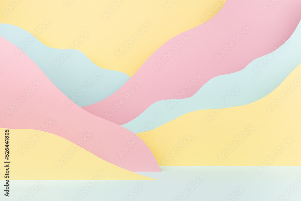 Abstract scene - landscape with mountains of paper in soft light pastel pink, yellow, mint color in funny cute children style. Creative background for design, presentation, poster, flyer, card, text.