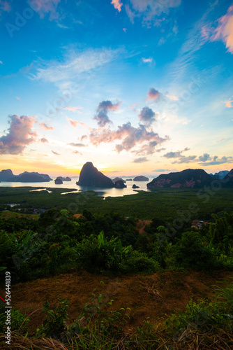 Morning sunrise light on mountain sea bay nature landscape