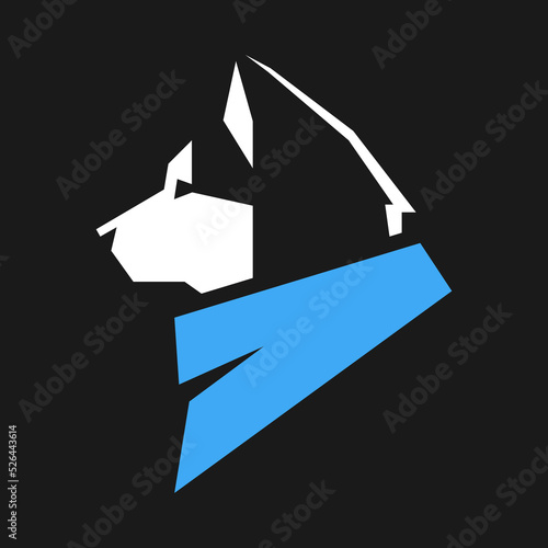 Husky dog wearing blue bandana in profile portrait symbol on black backdrop. Design element